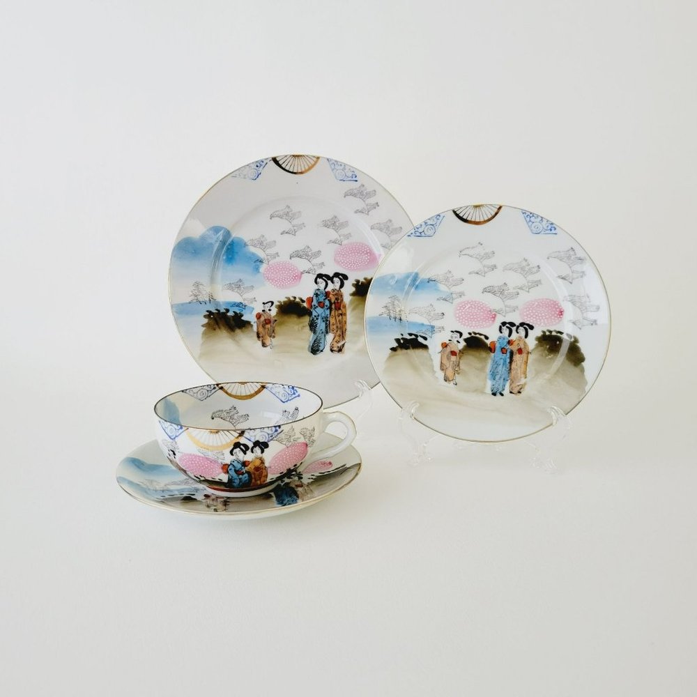 Japanese Kutani Geisha Girls Teacup, Saucer, Salad & Bread Plate Pink & Blue